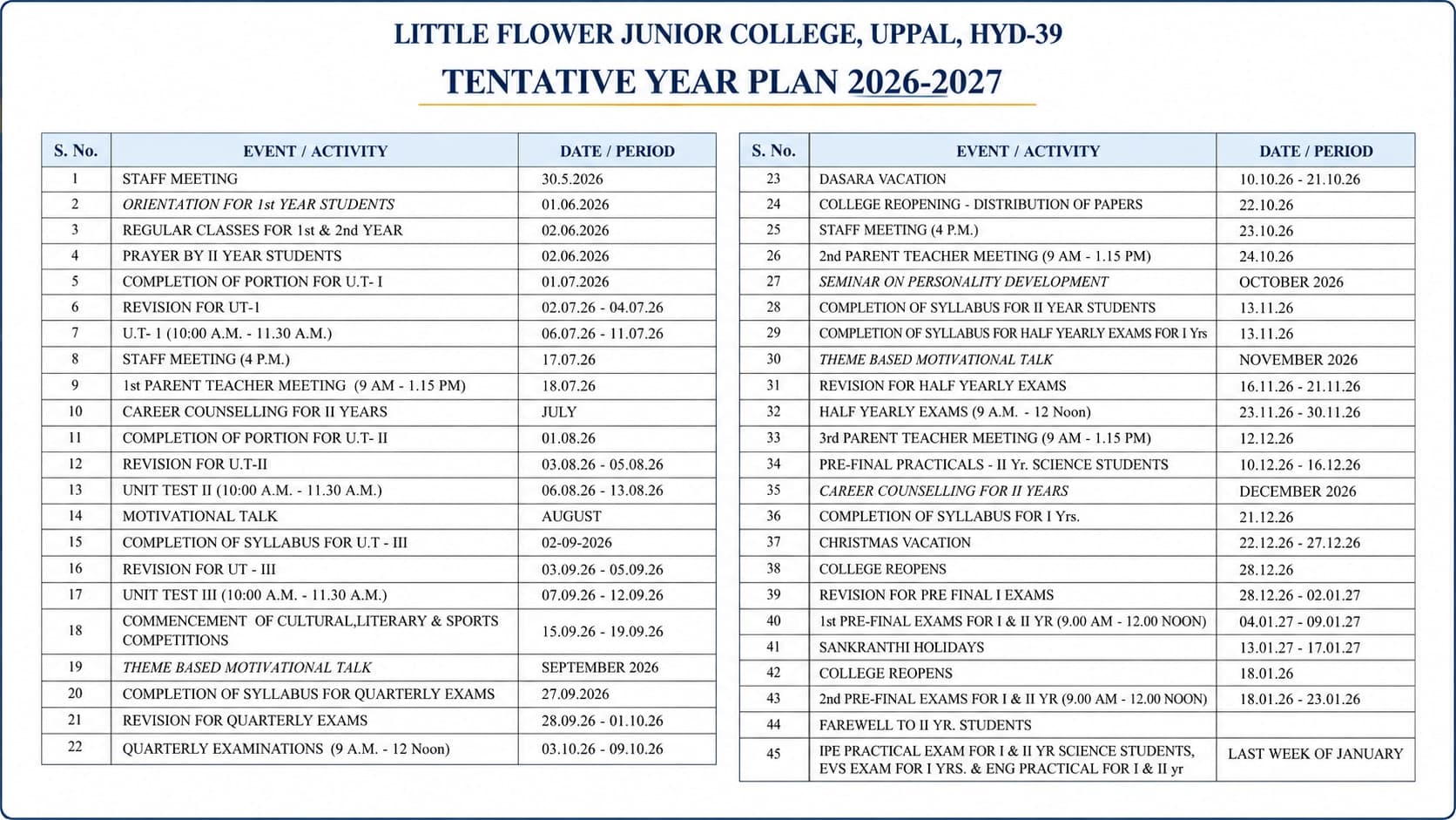 Official Little Flower Junior College Tentative Year Plan 2026-2027 — Full Academic Schedule